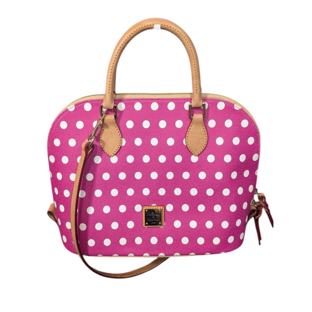 Dooney & Bourke Pink White Polka Dot Satchel Crossbody Bag Vachetta Leather Trim